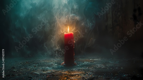 A solitary red candle standing tall amidst a dark room, casting a warm glow on its surroundings