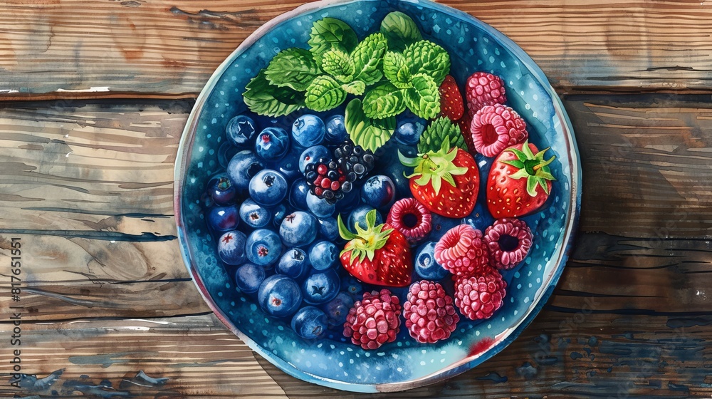 Capture the high-angle view of a vibrant bowl brimming with superfoods like ripe berries Capture the high-angle view of a vibrant bowl brimming with superfoods like ripe berries
