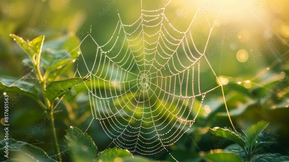 Capture the intricate patterns of a dew-covered spider web glistening in the morning sunlight against a backdrop of lush green foliage Employ macro photography techniques to enhanc Capture the intricate patterns of a dew-covered spider web glistening in the morning sunlight against a backdrop of lush green foliage Employ macro photography techniques to enhanc