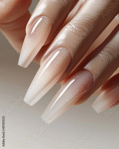 Photo of woman hand with manicure in beautiful fashion neutral colors. Pretty elegant acrylic nude pink gel polish coffin nail manicure wear armor long nails for spa salon web advertising branding