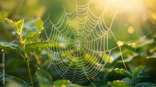 Capture the intricate patterns of a dew-covered spider web glistening in the morning sunlight against a backdrop of lush green foliage Employ macro photography techniques to enhanc