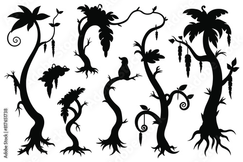 Set of jungle lianas black Silhouette Design with white Background and Vector Illustration on white background