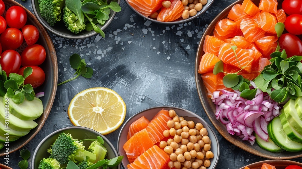 Multiple ketofriendly dishes with salmon, avocado, chickpeas, and fresh vegetables on a modern dark background
