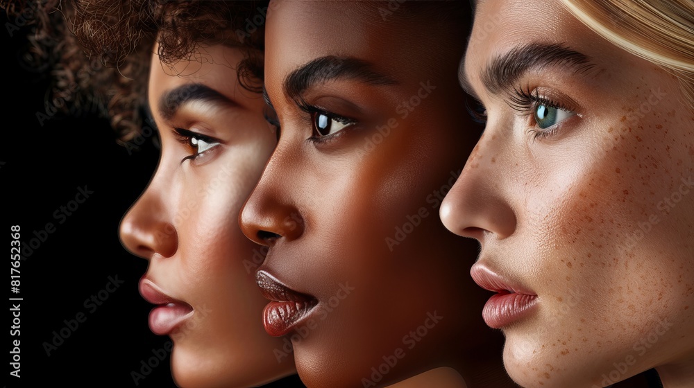 Design a stunning frontal image featuring a diverse group showcasing different skin tones after a skincare ritual Utilize photorealistic digital rendering to highlight each unique Design a stunning frontal image featuring a diverse group showcasing different skin tones after a skincare ritual Utilize photorealistic digital rendering to highlight each unique