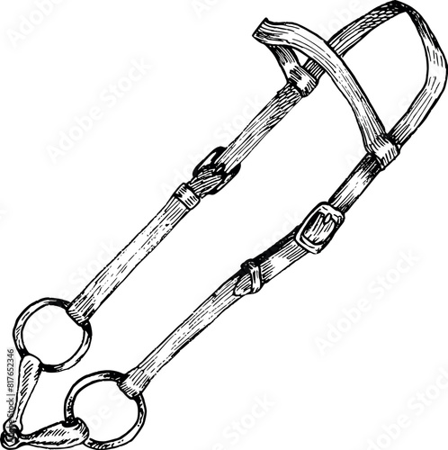 Graphic vector illustration of brown bridle, golden snaffle or bit. Equipment for horse riding. Isolated. For cards, prints, decor
