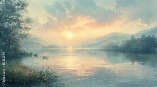 Design a panoramic digital painting of a serene lakeside yoga session at dawn © MAY