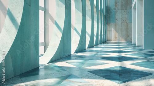 Bright Interior render with Patterned, Polished Floors. Bold, Geometric Architectural Shapes.