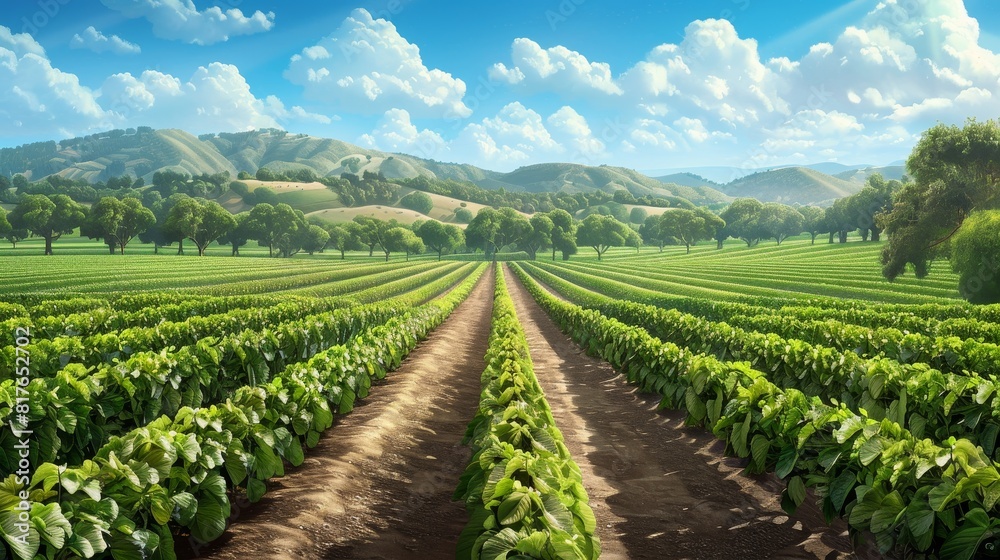 Illustrate a panoramic view of a lush organic farm Illustrate a panoramic view of a lush organic farm