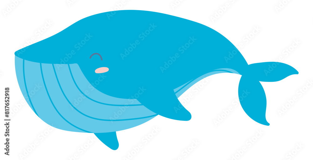 Cute blue whale in flat design. Happy underwater big fish swimming deep. Vector illustration isolated.