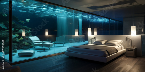  A modern bedroom design featuring a glass floor above an indoor swimming pool  with underwater LED lights casting a soft glow  creating a tranquil and inviting space. 