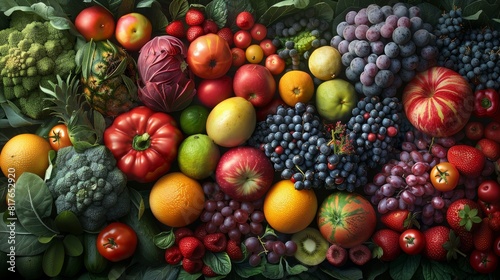 Illustrate a top-down scene of a meticulously arranged array of organic fruits and vibrant vegetables Utilize digital techniques to enhance the colors and textures