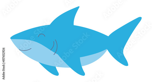 Cute blue shark in flat design. Happy underwater swimming predator fish. Vector illustration isolated.