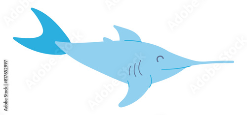Cute swordfish in flat design. Atlantic underwater animal  ocean wildlife. Vector illustration isolated.