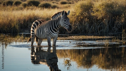 The zebra with distinctive black and white coat standing in the serene lake © Natallia