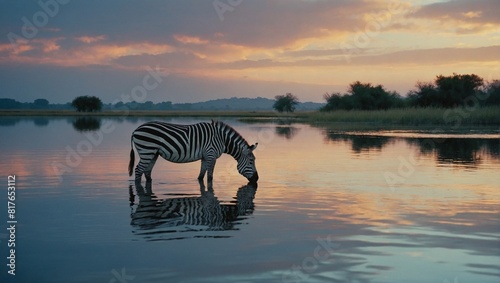 Zebra with distinctive black and white coat drinking water from the serene lake that reflects the sunset sky