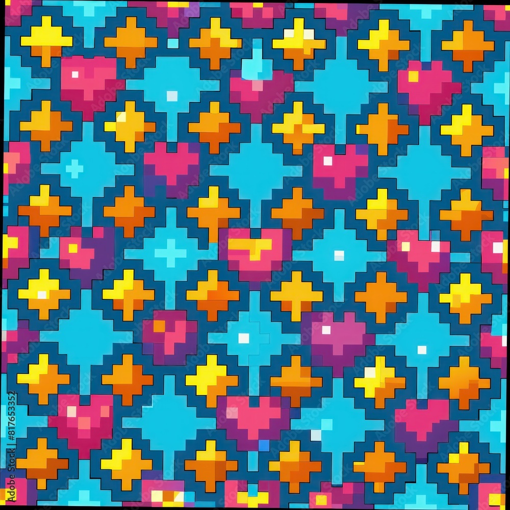 Seamless pattern of pixelated hearts and stars in vibrant colors, perfect for adding a playful touch to your gift wrap, Generative AI Seamless pattern of pixelated hearts and stars in vibrant colors, perfect for adding a playful touch to your gift wrap, Generative AI
