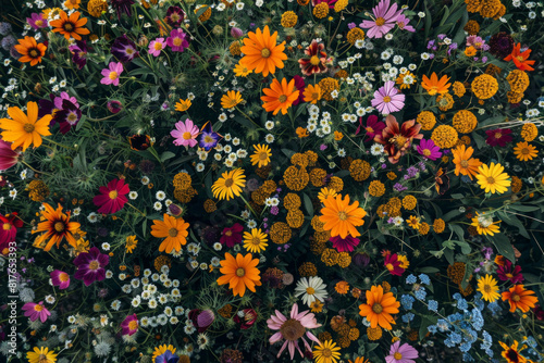 An overhead view of a field of wildflowers  with petals of varying textures and colors creating a vibrant landscape. 