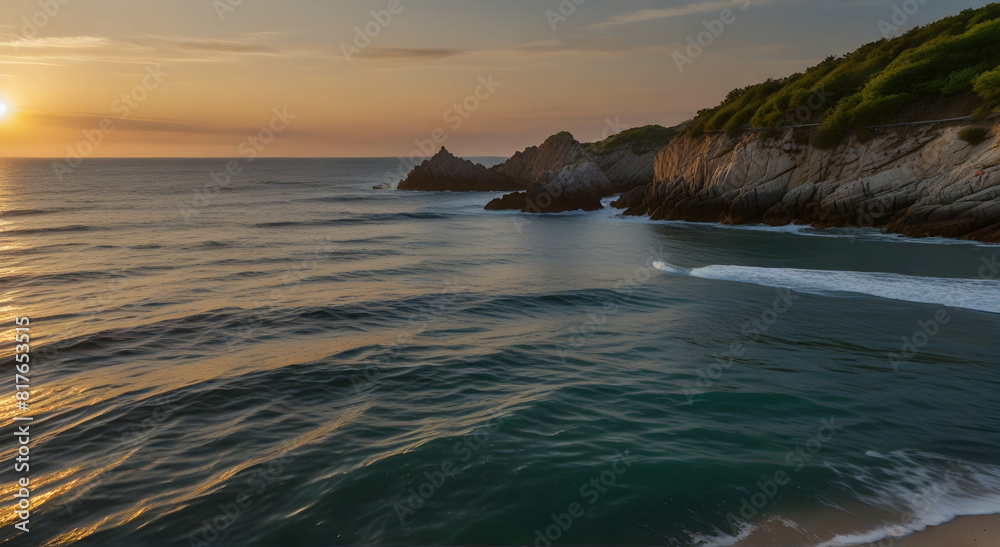 the sun sets over the ocean and cliffs the sun sets over the ocean and cliffs