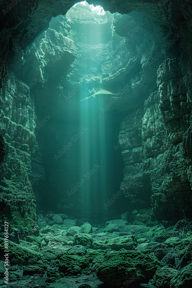 A mysterious cave entrance with rugged rock formations, dimly lit by natural sunlight filtering in from above, with a dark, deep interior