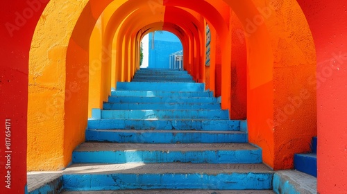 Colorful Stairway Leading Through Geometric Structures In A Vibrant Building