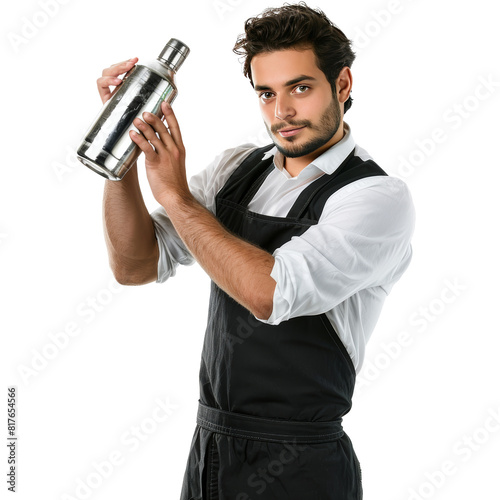 Male bartender shakes aluminum bottle drink, transparent background photo