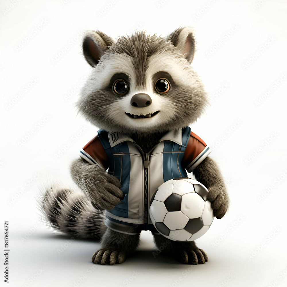 3D Render of Raccoon with soccer ball on white background 3D Render of Raccoon with soccer ball on white background