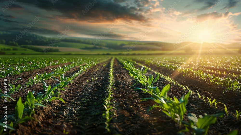 Green shoots of corn growing in neat rows in a large agricultural field under the setting sun. Green shoots of corn growing in neat rows in a large agricultural field under the setting sun.