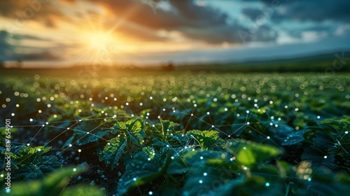 Green soybean field at sunset with dew on the leaves. photo