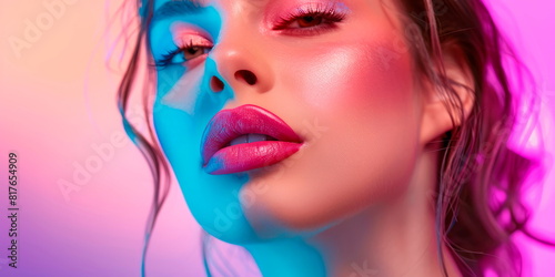 beautiful woman with vibrant blush and playful lip color  evoking a fun and lively cosmetic vibe against a colorful background. Generative AI