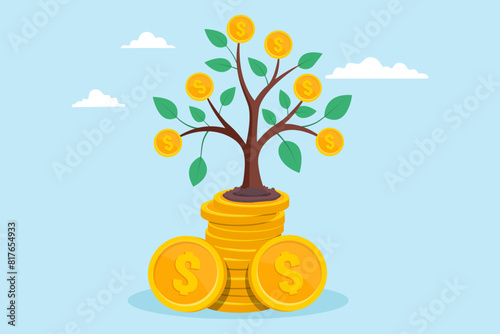 Flat illustration of pile coins sprout tree growth and sustainability of wealth investments