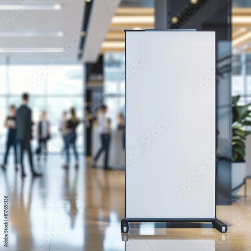 A blank vertical banner display stands in a busy corporate office lobby with people in the background