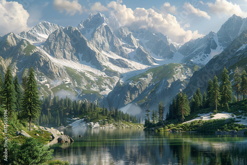 Depict a mountain range where the tranquil beauty of summer lakes transitions seamlessly into the frosty peaks of winter, creating a captivating juxtaposition 