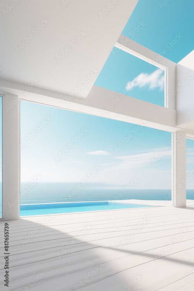 Fototapeta premium Sea view empty large living room of luxury summer beach house with swimming pool near terrace. Big white wall background in vacation home or holiday villa. 3D Rendering