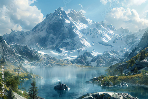 Depict a mountain range where the tranquil beauty of summer lakes transitions seamlessly into the frosty peaks of winter, creating a captivating juxtaposition  photo
