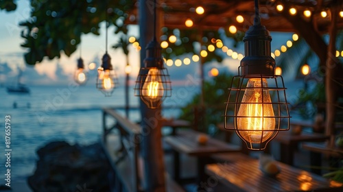 Atmosphere of a summer beach café is lit up by twinkling lights, with the soft light giving off a romantic and relaxing vibe.