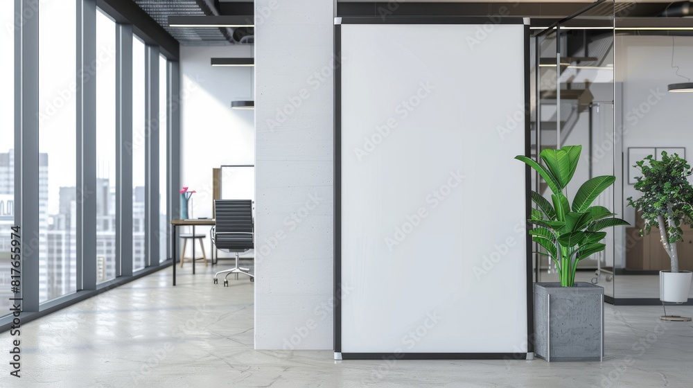 A blank white roll-up banner stand inside a modern office space with city view through large windows, awaiting advertising content A blank white roll-up banner stand inside a modern office space with city view through large windows, awaiting advertising content