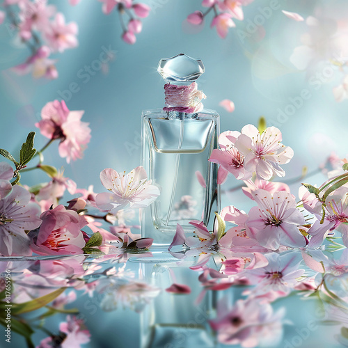 glass bottle for perfume Surrounded by beautiful Flowers generated by AI
