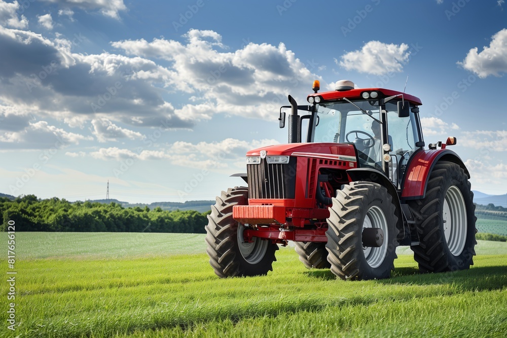 Classic red tractor on a vibrant green farm, copy space for text on the left. Classic red tractor on a vibrant green farm, copy space for text on the left.