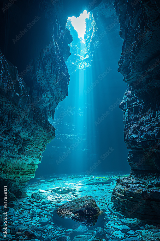 Obraz premium A mysterious cave entrance with rugged rock formations, dimly lit by natural sunlight filtering in from above, with a dark, deep interior