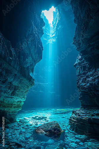 A mysterious cave entrance with rugged rock formations, dimly lit by natural sunlight filtering in from above, with a dark, deep interior