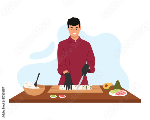 Vector illustration of a talented sushi artist. Cartoon scene of sushi chef in uniform, wearing black gloves, standing at table and cutting sushi, bowl with rice, avocado, tuna, ginger and wasabi.