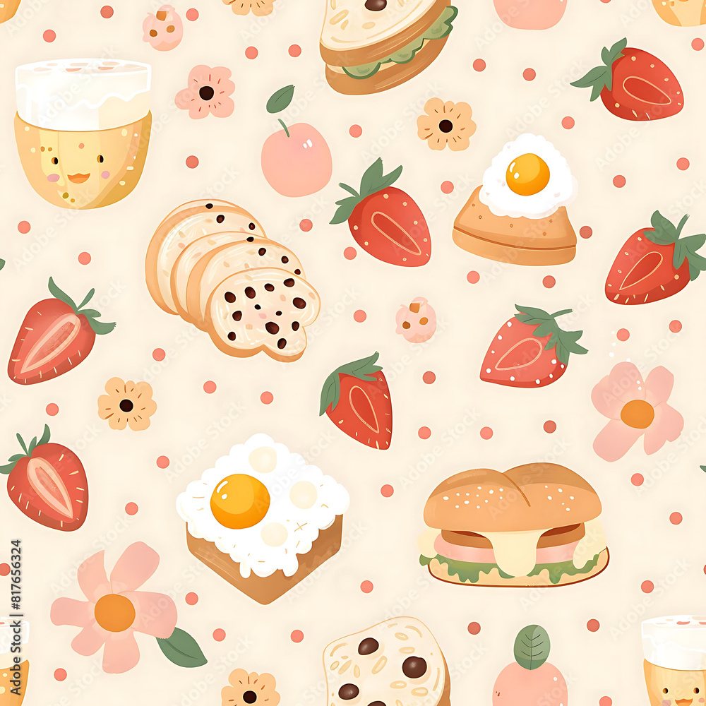 Seamless pattern of breakfast in the kawaii style on a pastel background. Cartoonish designs.
