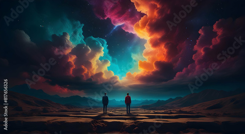 two people standing in front of a colorful sky