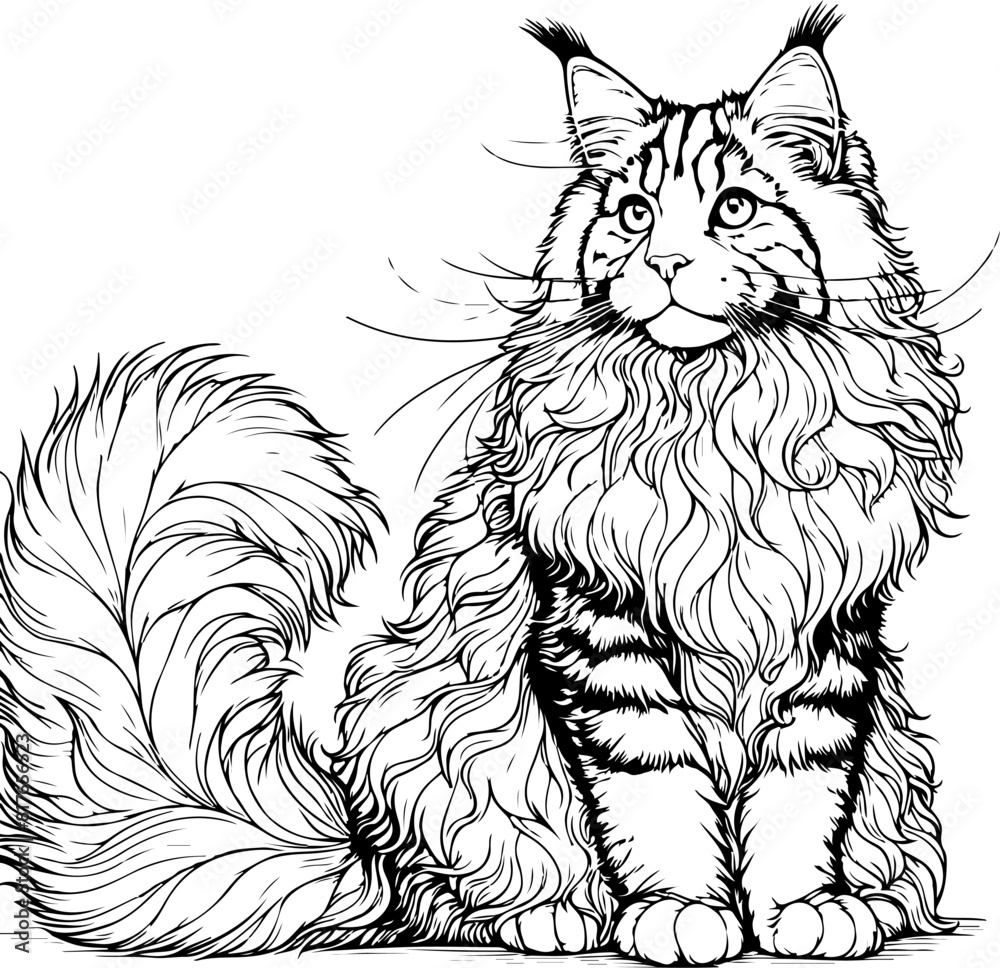 Maine Coon cat, line drawing Maine Coon cat, line drawing