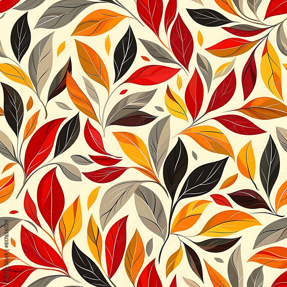 Seamless pattern of autumn leaves, designed with warm tones in brown orange, and yellow colors on a beige background. Pattern designs for textiles.