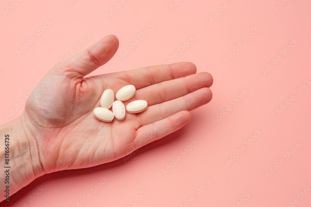 A medical pills in the palm of the hand on a peach color background with copyspace. Concept of responsibility and care for one's health. A medical pills in the palm of the hand on a peach color background with copyspace. Concept of responsibility and care for one's health.