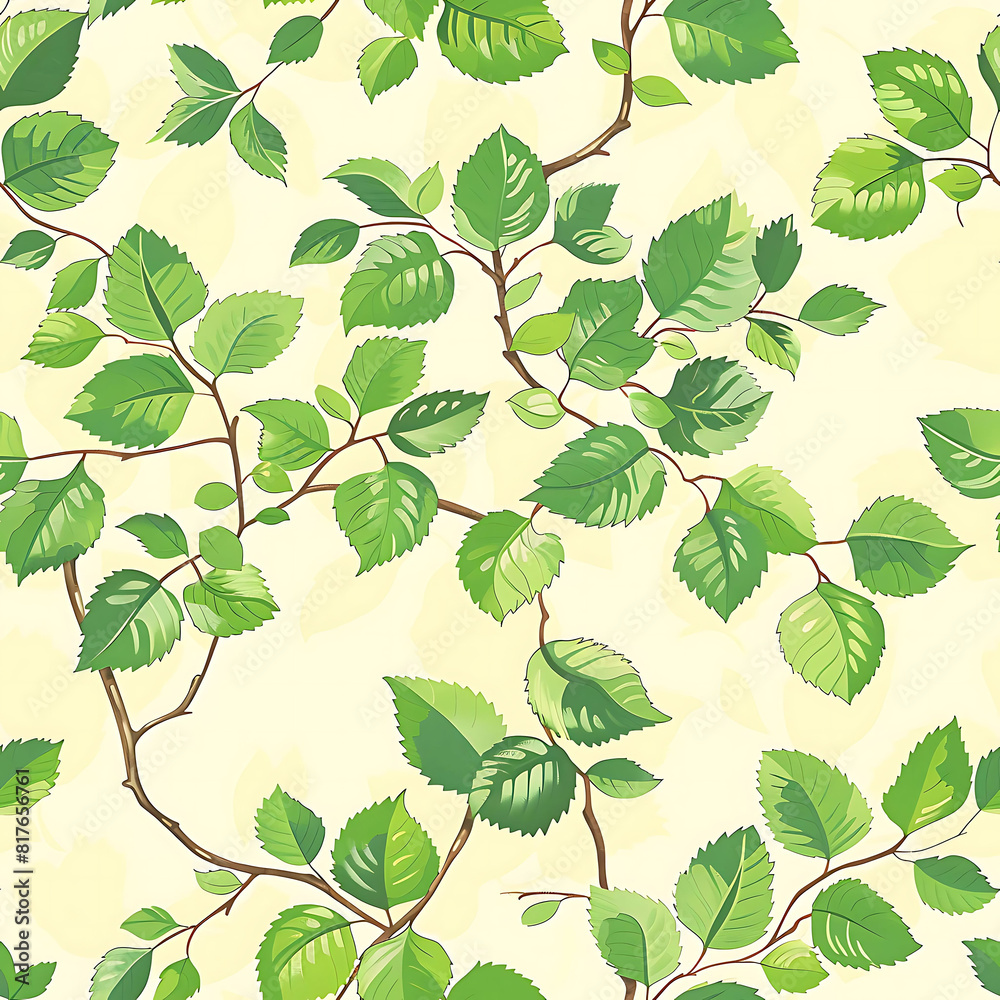 Seamless pattern of green leaves in springtime, designed with cool tones of light green on a pastel background. Pattern designs for textiles. Seamless pattern of green leaves in springtime, designed with cool tones of light green on a pastel background. Pattern designs for textiles.