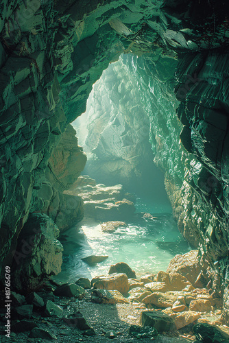 A mysterious cave entrance with rugged rock formations  dimly lit by natural sunlight filtering in from above  with a dark  deep interior