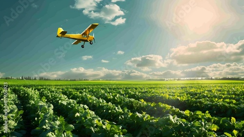 Lemon yellow crop duster flying over a lush green field at midday, space for copy on left. photo