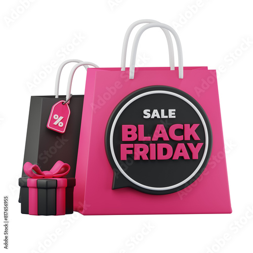 3D illustration of a shopping bag with a sale sign, Black Friday, perfect for retail business and marketing materials photo